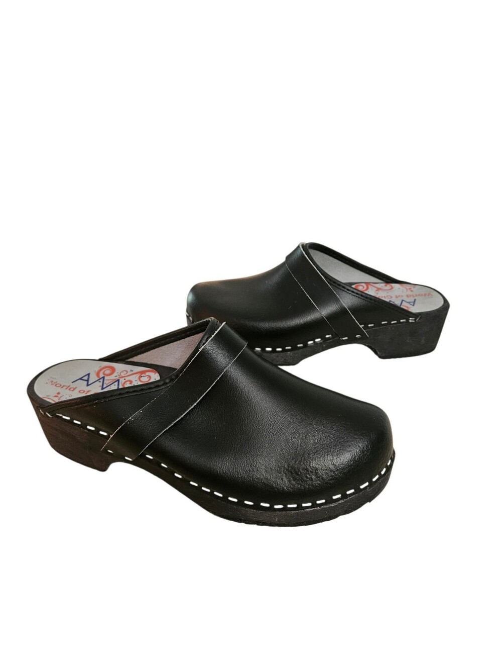 AM World of Clogs Black Leather Clogs Women 8 EU 39 Swedish Style